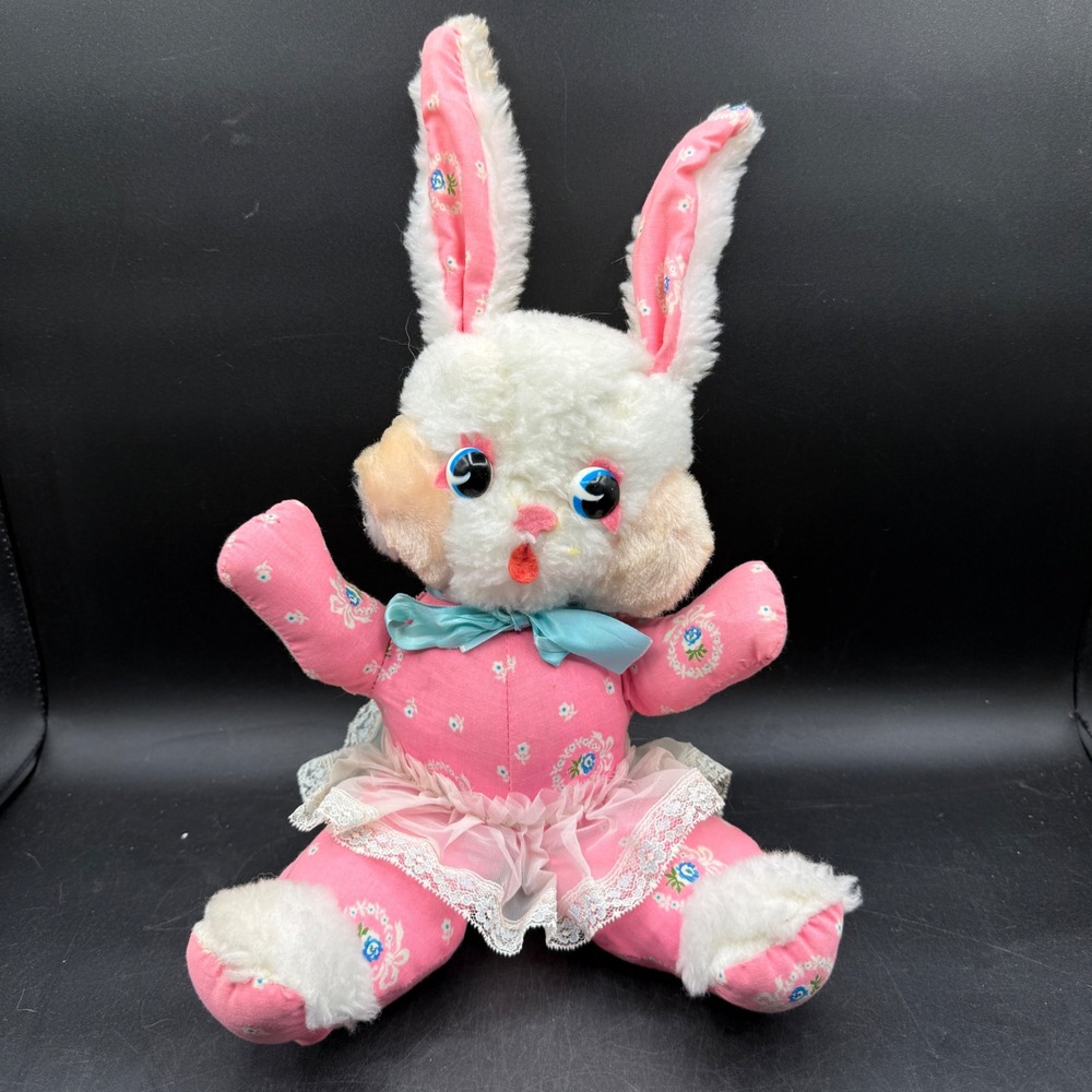Vintage Rushton Stuffed Bunny Rabbit Plush Toy Pink Floral Tutu Dress Kitsch